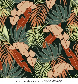 Summer seamless tropical pattern with bright orange and beige leaves and plants on a black background. Beautiful exotic plants. 
Summer colorful hawaiian seamless pattern with tropical plants. 