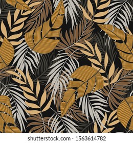 Summer seamless tropical pattern with bright yellow and white plants and leaves on a green background. Jungle leaf seamless vector floral pattern background. Beautiful exotic plants. 
