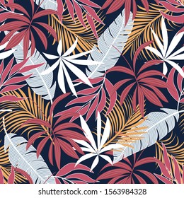 Summer seamless tropical pattern with bright red and white plants and leaves on a blue background. Modern abstract design for fabric, paper, interior decor.