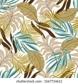 Summer seamless tropical pattern with bright yellow and blue plants and leaves on white background. Trendy summer Hawaii print. Beautiful print with hand drawn exotic plants.