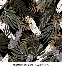 Summer seamless tropical pattern with bright white and green plants and leaves on a dark background. Printing and textiles.  Vintage pattern. Beautiful seamless vector floral pattern.