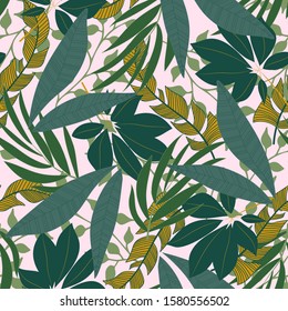 Summer seamless tropical pattern with bright yellow and green plants and leaves on white background. Jungle leaf seamless vector floral pattern background.