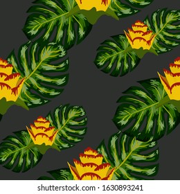 Summer seamless tropical pattern with bright yellow and pink plants and leaves. Beautiful print with hand drawn exotic plants.