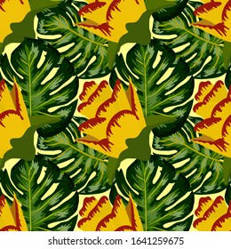 Summer seamless tropical pattern with bright yellow and pink plants and leaves. print with hand drawn exotic plants. Seamless exotic pattern with tropical plants