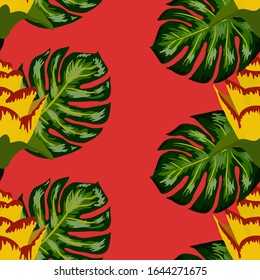 Summer seamless tropical pattern with bright yellow and pink plants and leaves. print with hand drawn exotic plants. Seamless exotic pattern with tropical plants