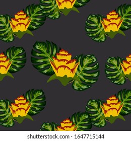 Sommernahtlose tropische Muster mit hellgelber Blume und Blättern. drucken mit handgezeichneten exotischen Pflanzen.
