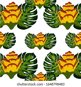 El verano es un patrón tropical sin fisuras con flores y hojas amarillas brillantes. con plantas exóticas dibujadas a mano.