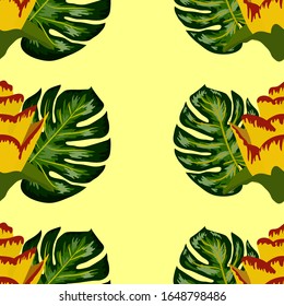 Summer seamless tropical pattern with bright yellow flower and leaves. print with hand drawn exotic plants.