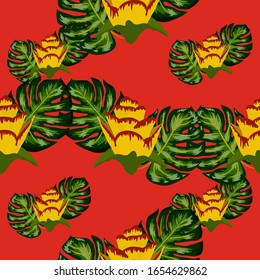 Summer seamless tropical pattern with bright yellow flower and leaves. print with hand drawn exotic plants.