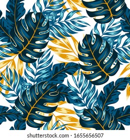 Summer seamless tropical pattern with bright leaves and plants on a white background. Modern abstract design for fabric, paper, interior decor. Summer colorful hawaiian.