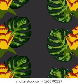 Summer seamless tropical pattern with bright yellow flower and leaves. print with hand drawn exotic plants.