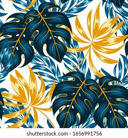 Summer seamless tropical pattern with bright leaves and plants on a light background. Seamless pattern with colorful leaves and plants. Colorful stylish floral.