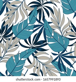 Summer seamless tropical pattern with bright plants and leaves on a white background. 
Beautiful seamless vector floral pattern. Colorful stylish floral.