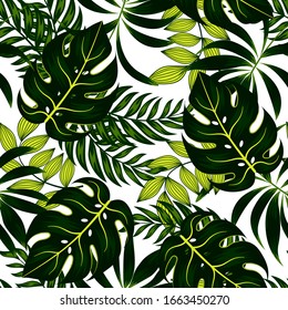 Summer seamless tropical pattern with bright plants and leaves on a white background.  
Vector design. Jungle print. Floral background.  Summer colorful hawaiian.