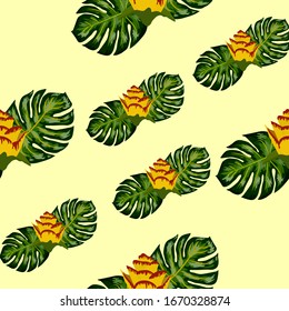 Summer seamless tropical pattern with bright yellow flower and leaves. print with hand drawn exotic plants.