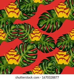 El verano es un patrón tropical sin fisuras con flores y hojas amarillas brillantes. con plantas exóticas dibujadas a mano.