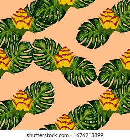 El verano es un patrón tropical sin fisuras con flores y hojas amarillas brillantes. con plantas exóticas dibujadas a mano.