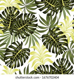 Summer seamless tropical pattern with bright leaves and plants on a delicate background. Exotic jungle wallpaper. Jungle leaf seamless vector floral pattern background. Colorful stylish floral.