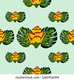 Summer seamless tropical pattern with bright yellow and pink plants and leaves. Beautiful print with hand drawn exotic plants. Seamless exotic pattern with tropical plants