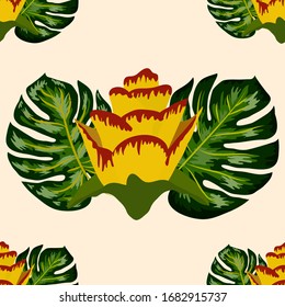 Summer seamless tropical pattern with bright yellow and pink plants and leaves. Beautiful print with hand drawn exotic plants. Seamless exotic pattern with tropical plants