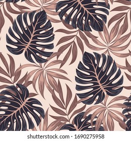 Summer seamless tropical pattern with bright leaves and plants on a beige background. Tropical botanical. Vector design. Jungle print. Floral background.  Exotic tropics. Summer.