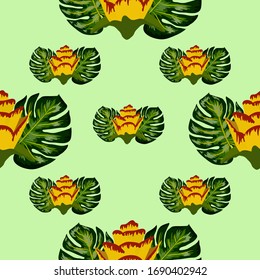 Verano trópico sin fisuras con plantas y hojas de color amarillo y rojo brillante. Hermosa impresión con plantas exóticas dibujadas a mano. Patrón exótico sin problemas con plantas tropicales