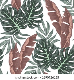 Summer seamless tropical pattern with bright leaves and plants on a light background. Seamless pattern with colorful leaves and plants. Jungle leaf seamless vector floral pattern background.