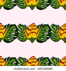 Verano tropical sin fisuras con plantas y hojas de color amarillo y rosa brillante. Hermosa impresión con plantas exóticas dibujadas a mano. Patrón exótico sin problemas con plantas tropicales