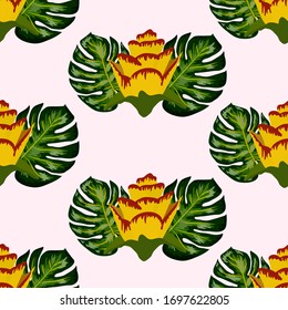 Summer seamless tropical pattern with bright yellow and pink plants and leaves. Beautiful print with hand drawn exotic plants. Seamless exotic pattern with tropical plants