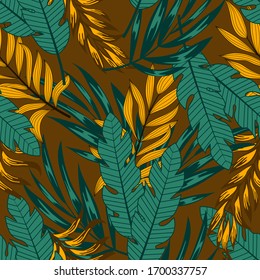 Summer seamless tropical pattern with bright plants and flowers on a brown background. 
Beautiful print with hand drawn exotic plants. Trendy summer Hawaii print.