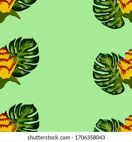 Summer seamless tropical pattern with bright yellow and pink plants and leaves. Seamless exotic pattern with tropical plants