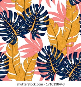 Summer seamless tropical pattern with bright plants and leaves on a delicate background. 
Colorful stylish floral. Trendy summer Hawaii print. Beautiful print with hand drawn exotic plants.