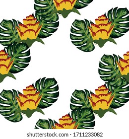 Summer seamless tropical pattern with bright yellow and pink plants and leaves. Seamless exotic pattern with tropical plants
