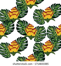 Verano tropical sin fisuras con plantas y hojas de color amarillo y rosa brillante. Patrón exótico sin problemas con plantas tropicales