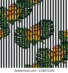 Summer seamless tropical pattern with bright yellow and pink plants and leaves on a striped background, distortion