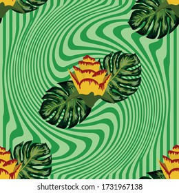 Summer seamless tropical pattern with bright yellow and pink plants and leaves on a striped background, distortion