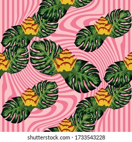 Patrón tropical sin soldadura de verano con plantas amarillas y rosas brillantes y hojas en un fondo rayado, distorsión