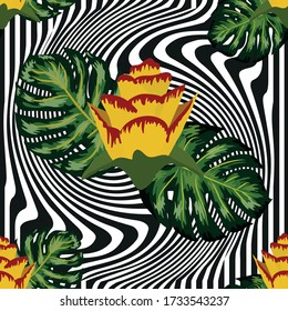 Patrón tropical sin soldadura de verano con plantas amarillas y rosas brillantes y hojas en un fondo rayado, distorsión
