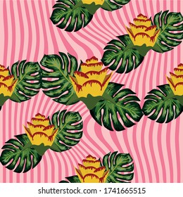 Summer seamless tropical pattern with bright yellow and pink plants and leaves on a striped background, distortion