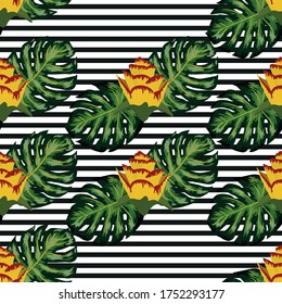 Summer seamless tropical pattern with bright yellow and pink plants and leaves on a striped background, distortion