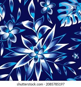 Summer seamless tropical pattern with bright monochromatic leaves and plants on blue background. Modern abstract design for fabric, paper, interior decor. Summer colorful hawaiian. fashionable print