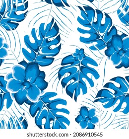 Summer seamless tropical pattern with bright monstera palm leaves and blue jasmine flowers plants on white background. Modern abstract design for fabric, paper, interior decor. Summer colorful hawaiia