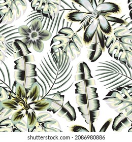 Summer seamless tropical pattern with bright leaves and plants on a white background. Modern abstract design for fabric, paper, interior decor. Summer colorful hawaiian. Floral background. Exotic 