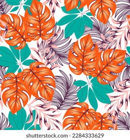 Summer seamless tropical pattern with bright plants and flowers on a delicate background. Beautiful print with hand drawn exotic plants. Trendy summer Hawaii print.