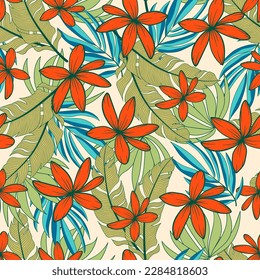 Patrón tropical sin fisuras de verano con plantas brillantes y flores en un fondo blanco. Hermoso patrón vectorial floral sin costura. Papel tapiz de la jungla exótica. Impresión Hawaii de verano de moda.