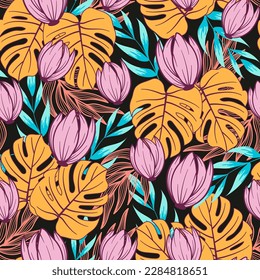 Summer seamless tropical pattern with bright plants and flowers on a black background. Hawaiian style. Seamless pattern with colorful leaves and plants.