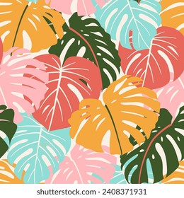 Summer seamless tropical pattern with bright plants and flowers on a delicate background. Beautiful print with hand drawn exotic plants. Seamless pattern with colorful leaves and plants.