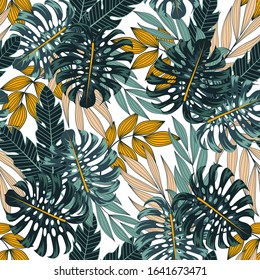 Summer seamless tropical pattern with colorful plants and leaves on a white background.Vector design. Jungle print. Floral background.  
Beautiful print with hand drawn exotic plants.