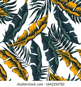 Summer seamless tropical pattern with colorful plants and leaves on a delicate background. Modern abstract design for fabric, paper, interior decor. Beautiful exotic plants. 