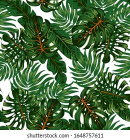 Summer seamless tropical pattern with colorful leaves and plants on a light background. Jungle leaf seamless vector floral pattern background. Beautiful exotic plants. 